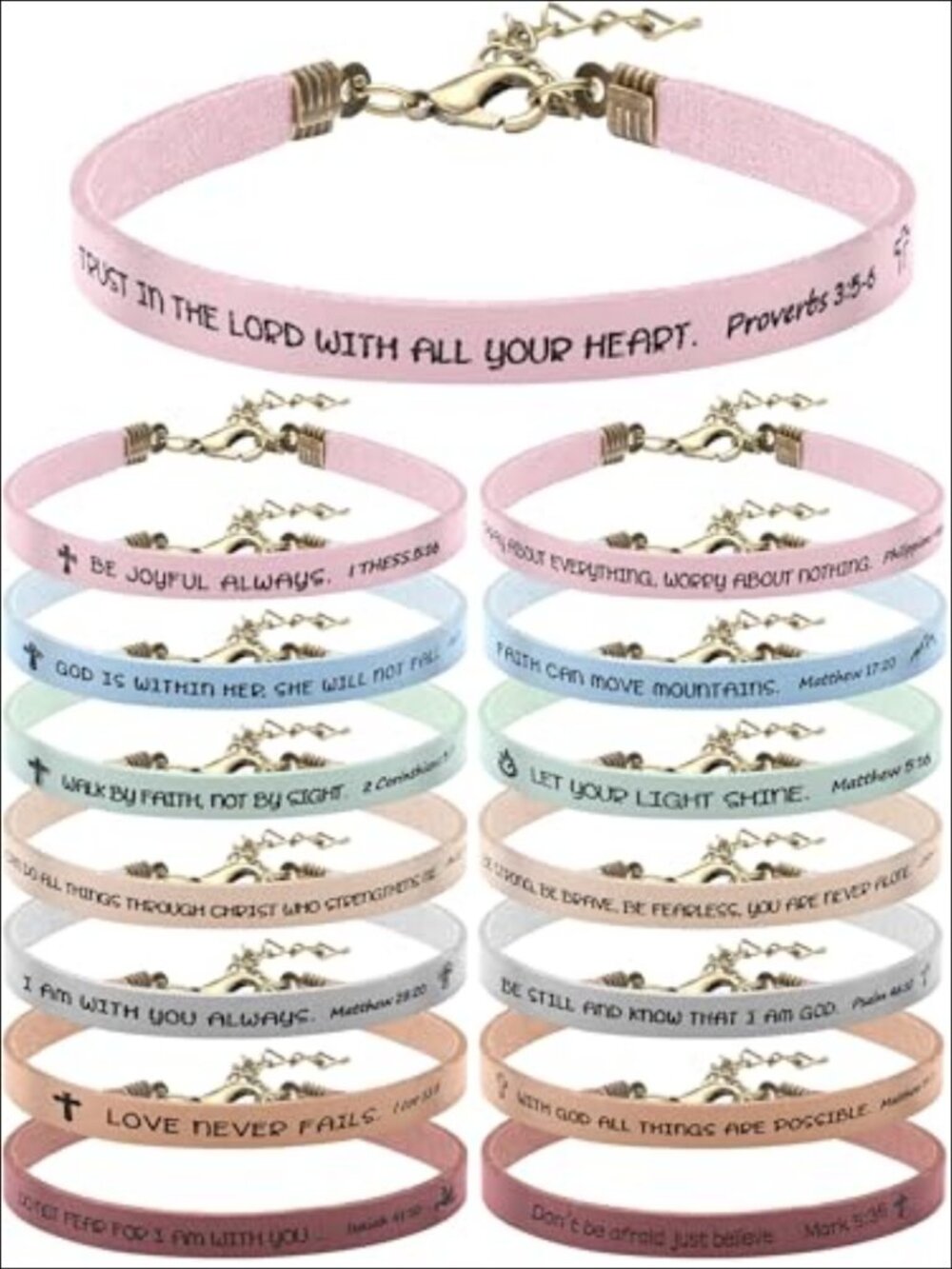 15 Pc Faux Leather Christian Bracelet Set Scripture Bible Verse Gift
